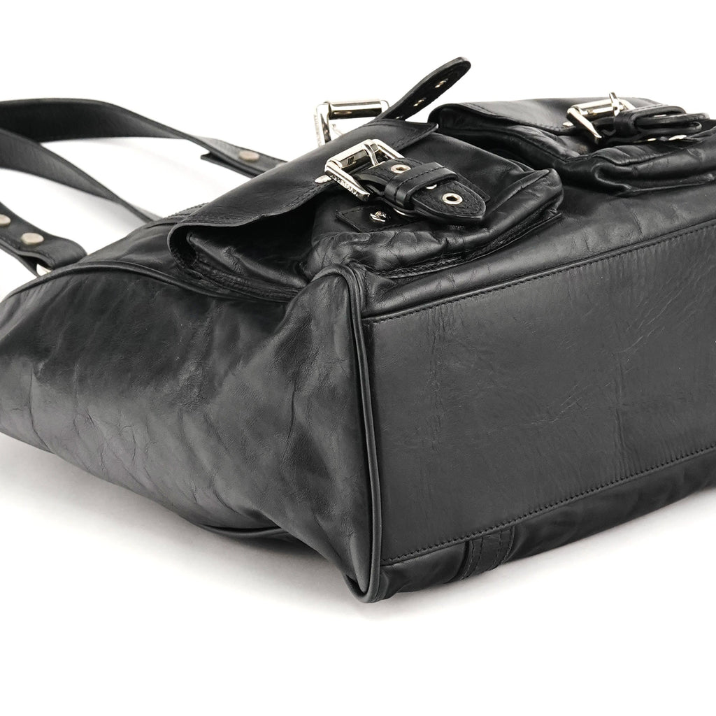 Black Leather Buckle Pocket Tote Bag