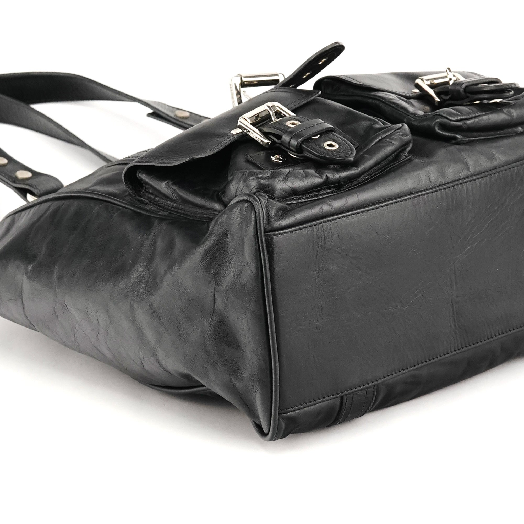Black Leather Buckle Pocket Tote Bag