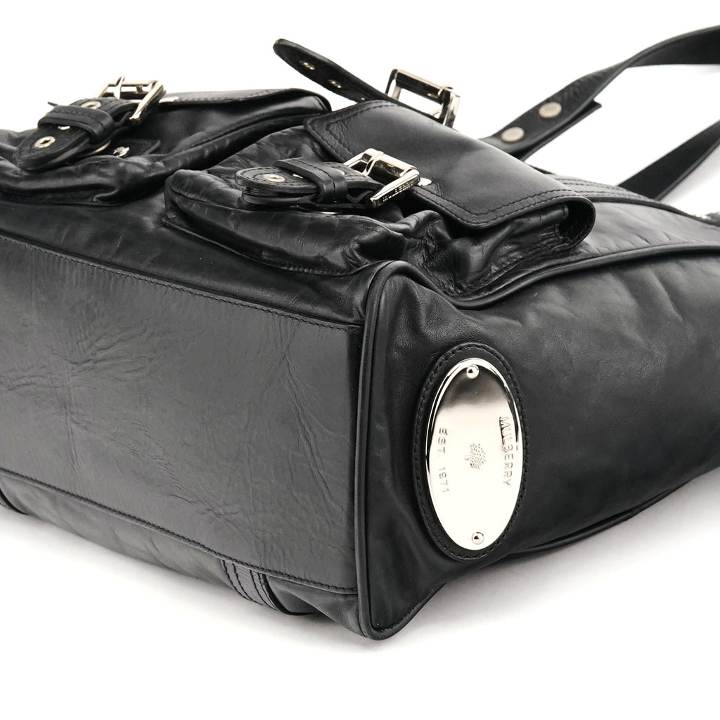 Black Leather Buckle Pocket Tote Bag