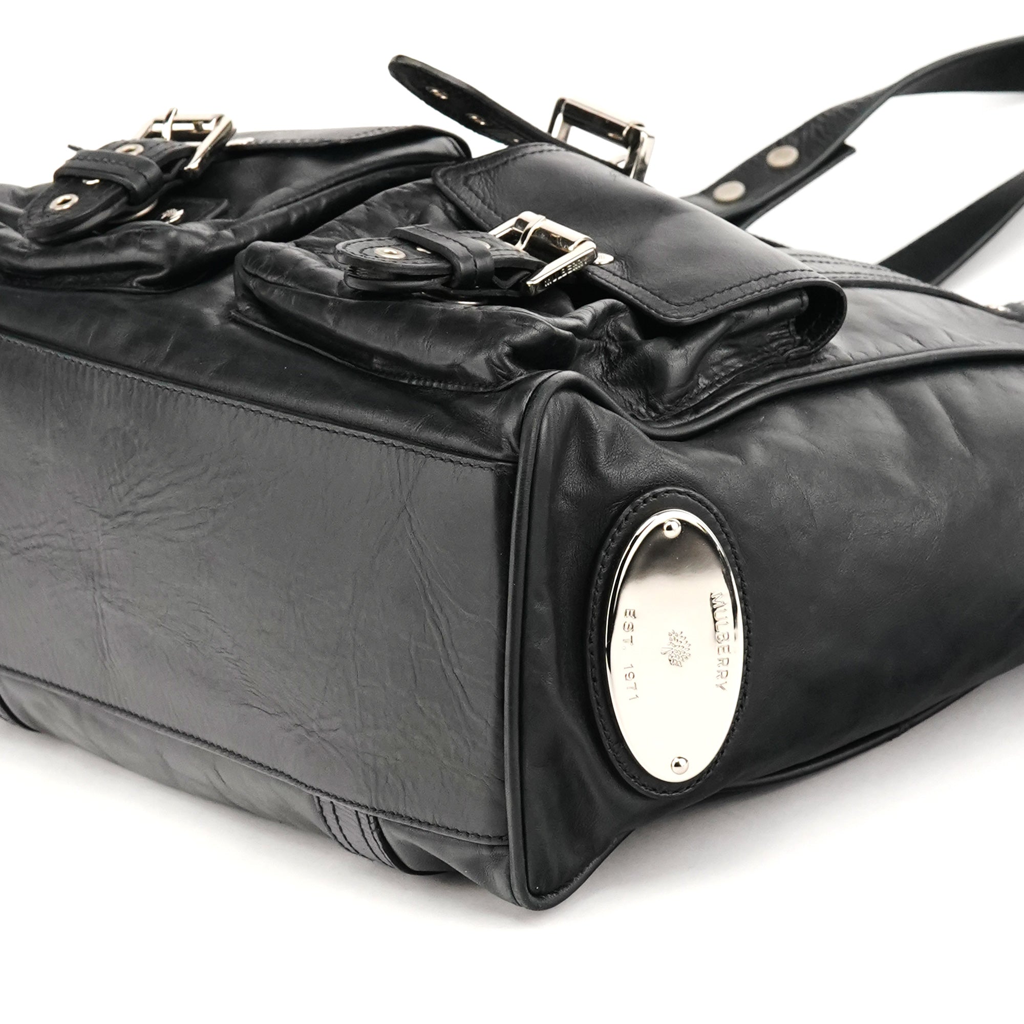Black Leather Buckle Pocket Tote Bag