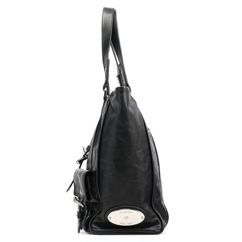 Black Leather Buckle Pocket Tote Bag