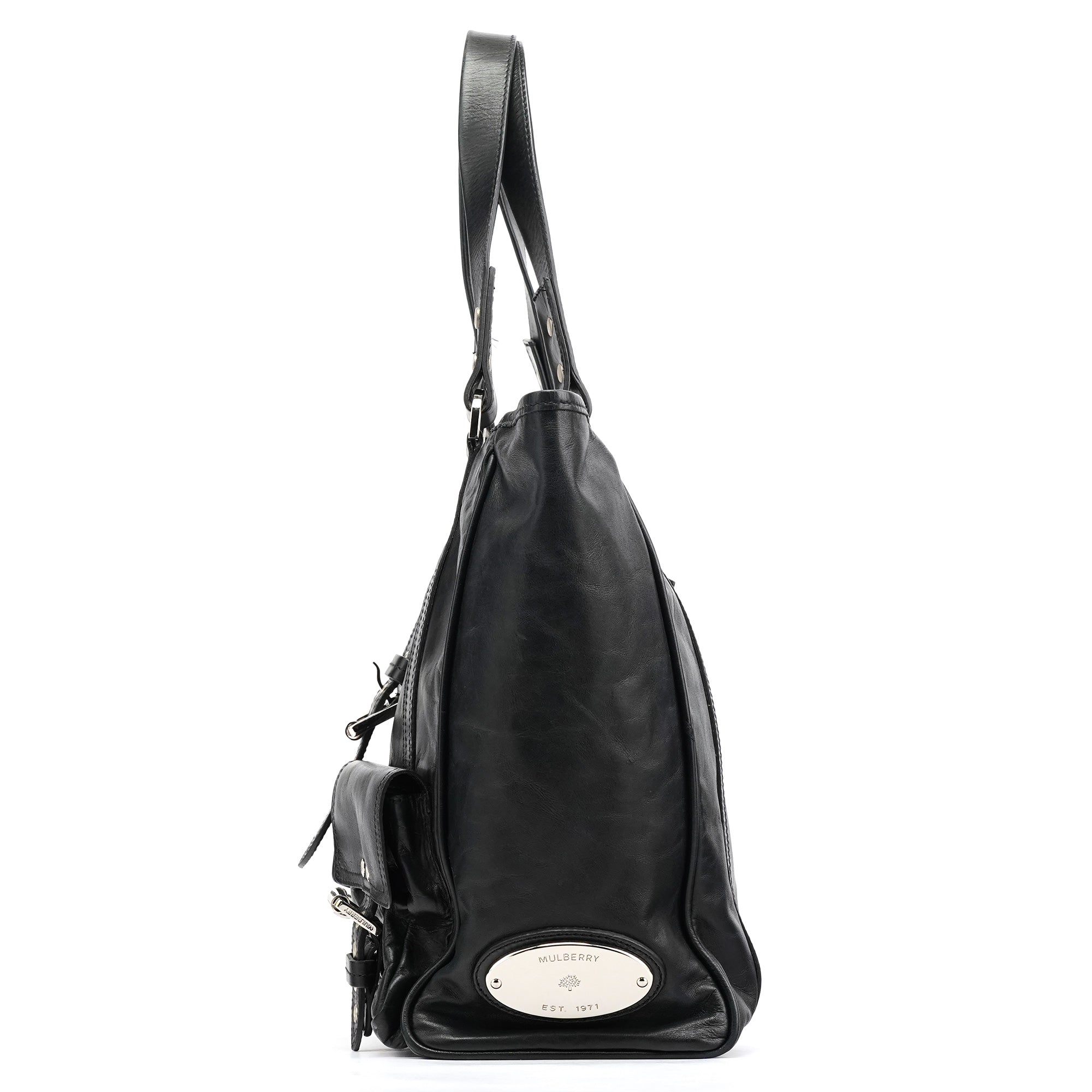 Black Leather Buckle Pocket Tote Bag