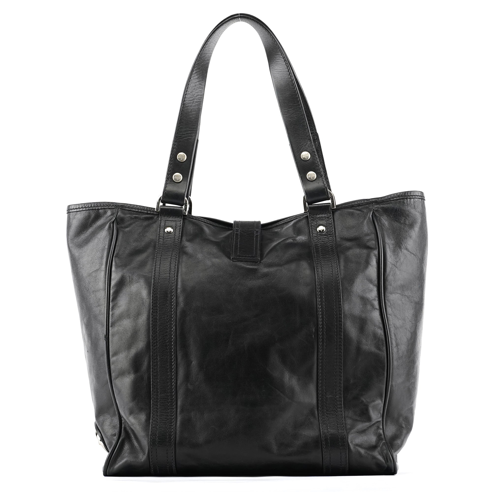 Black Leather Buckle Pocket Tote Bag