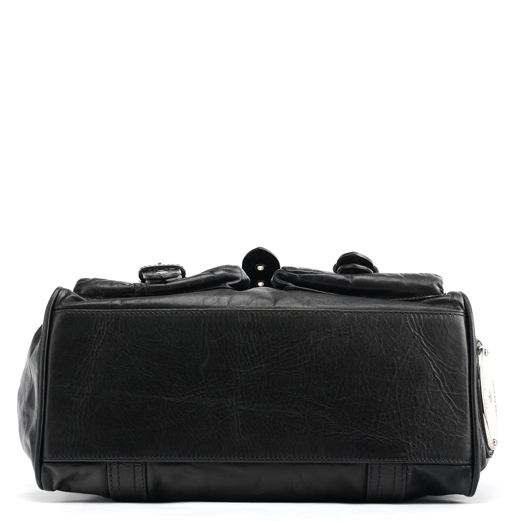 Black Leather Buckle Pocket Tote Bag