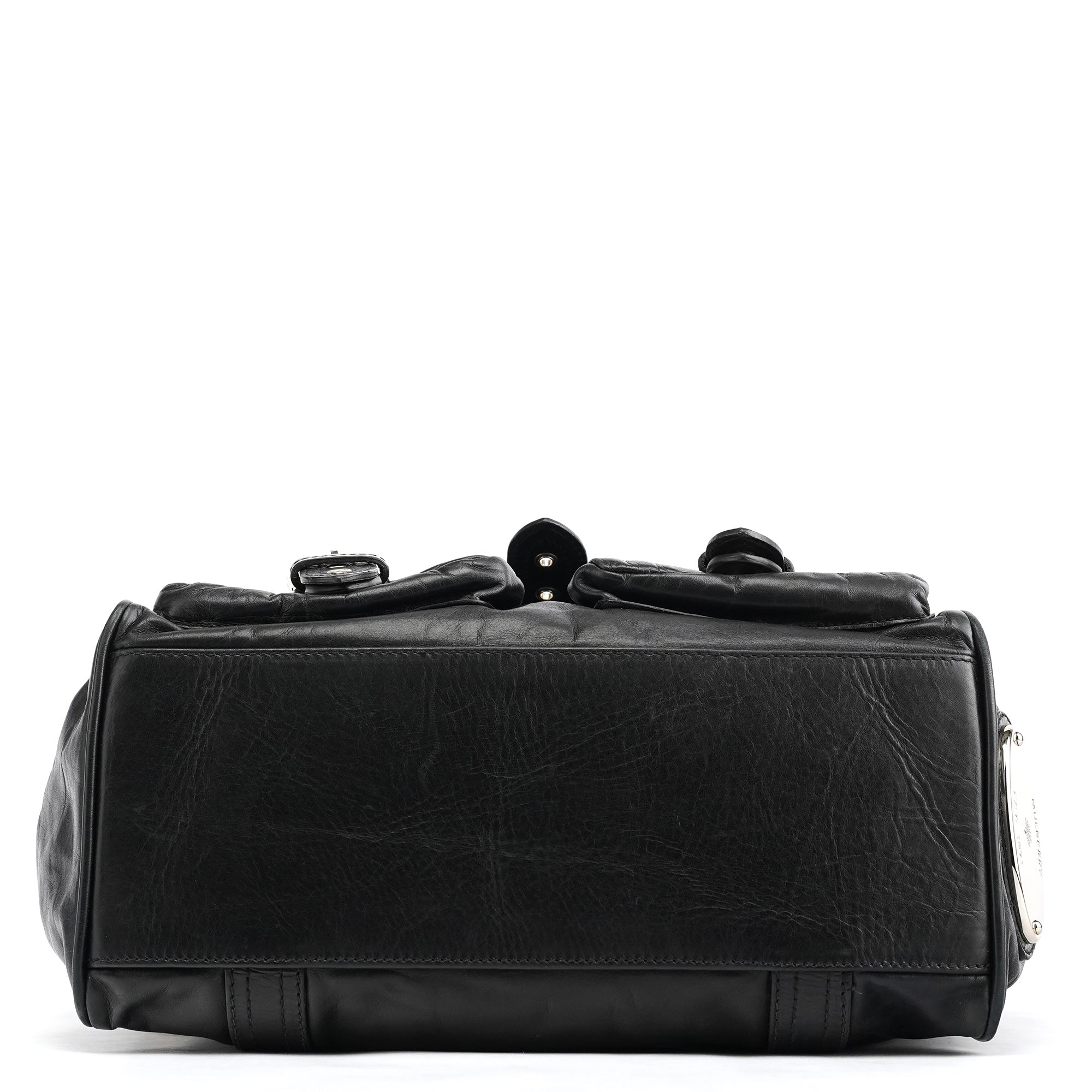 Black Leather Buckle Pocket Tote Bag