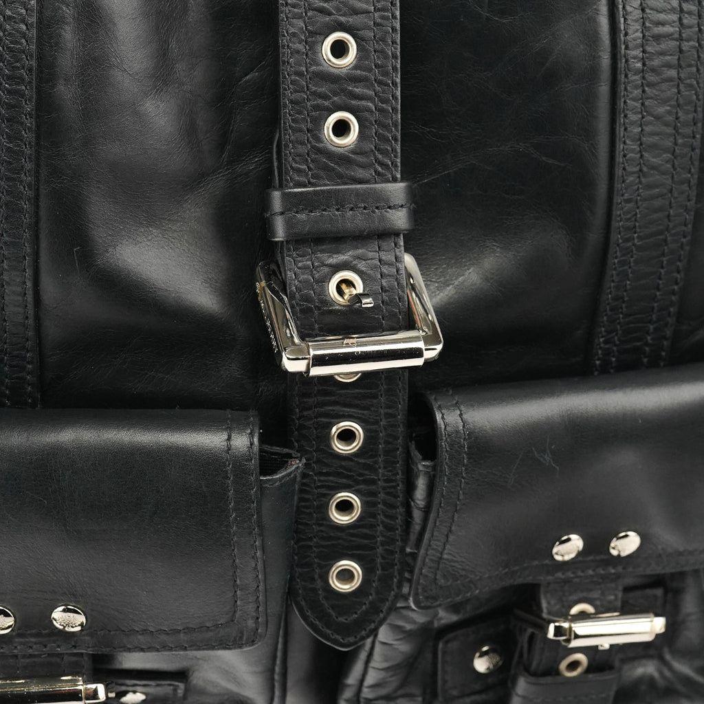 Black Leather Buckle Pocket Tote Bag
