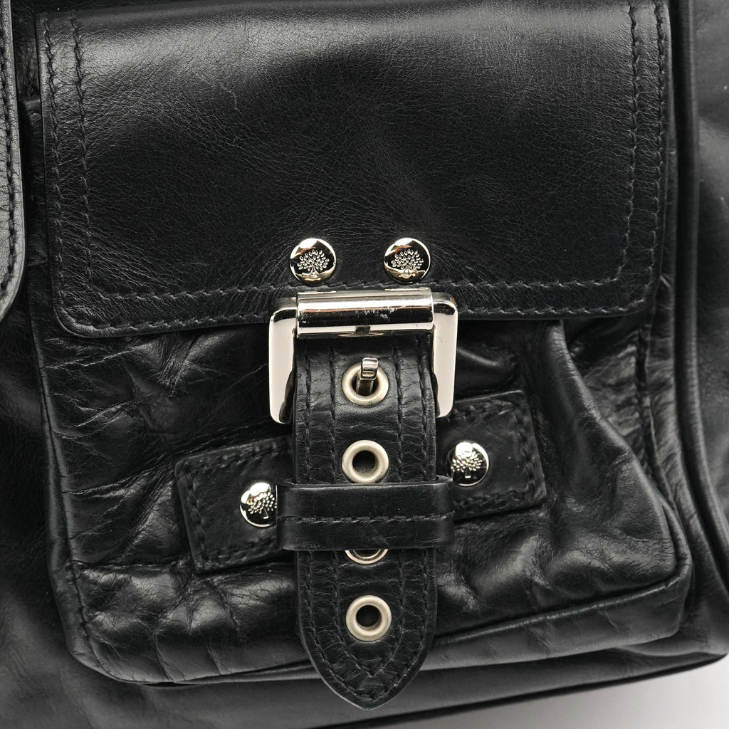 Black Leather Buckle Pocket Tote Bag