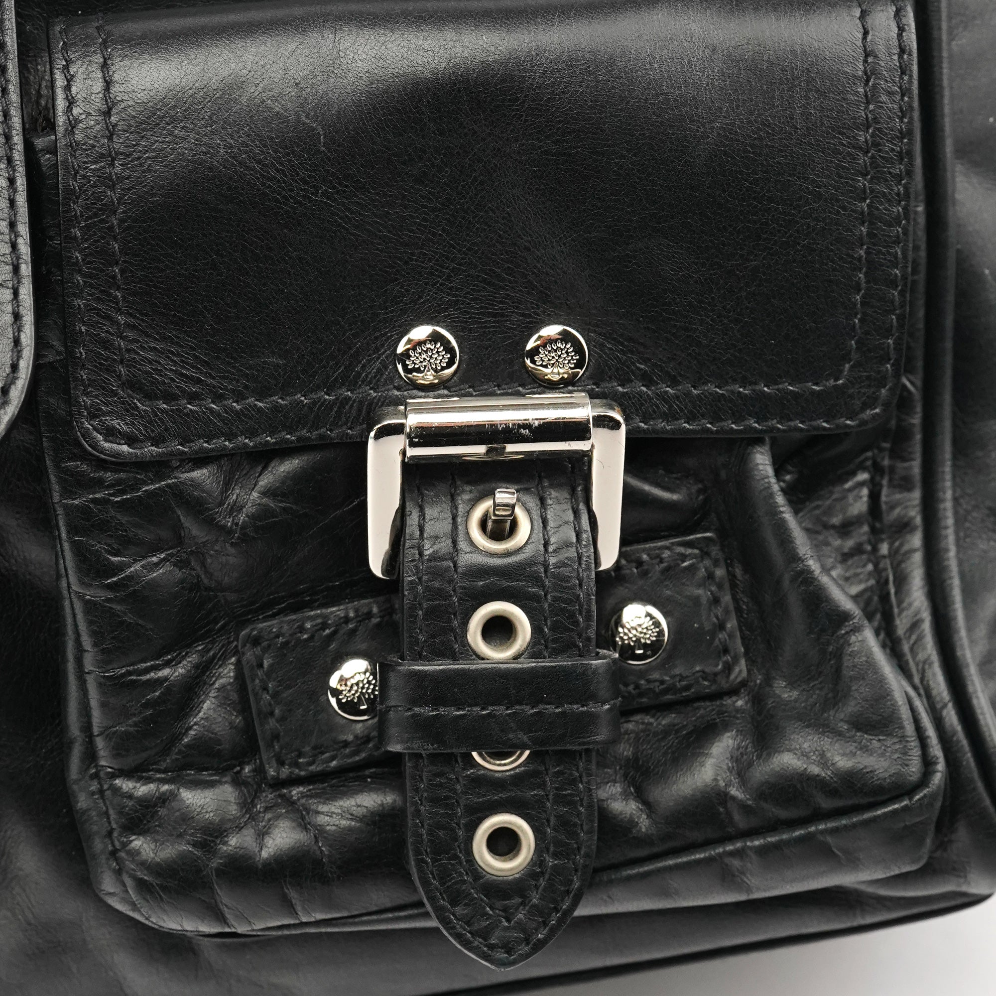 Black Leather Buckle Pocket Tote Bag