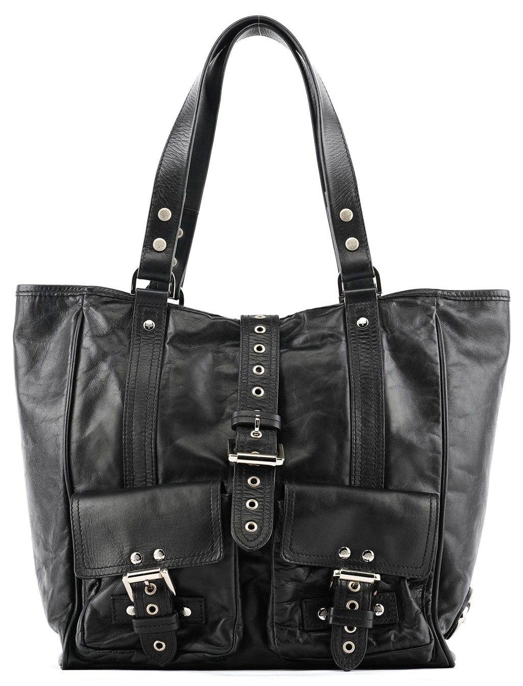 Black Leather Buckle Pocket Tote Bag