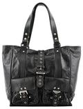 Black Leather Buckle Pocket Tote Bag