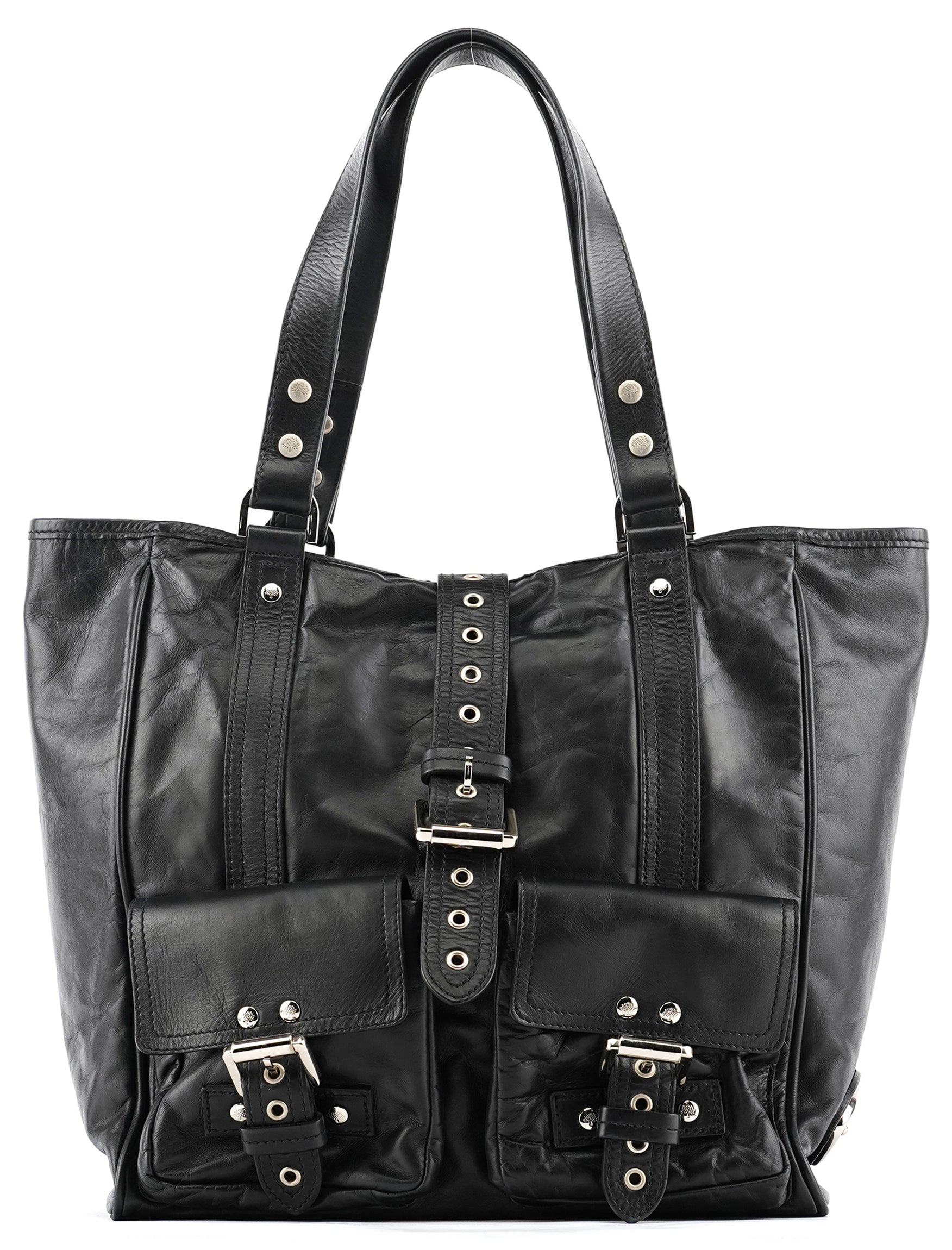 Black Leather Buckle Pocket Tote Bag