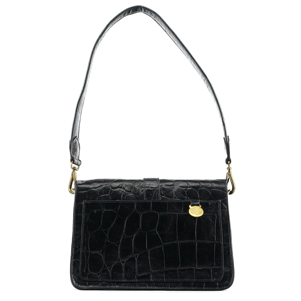 Navy Croc Embossed Leather Shoulder Bag