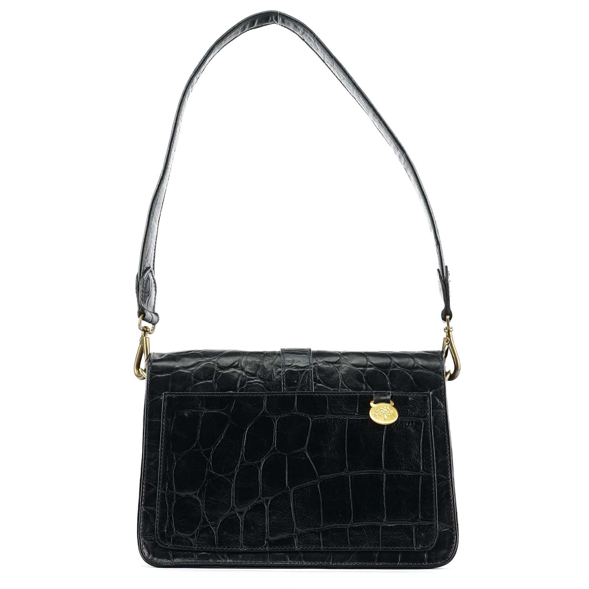 Navy Croc Embossed Leather Shoulder Bag