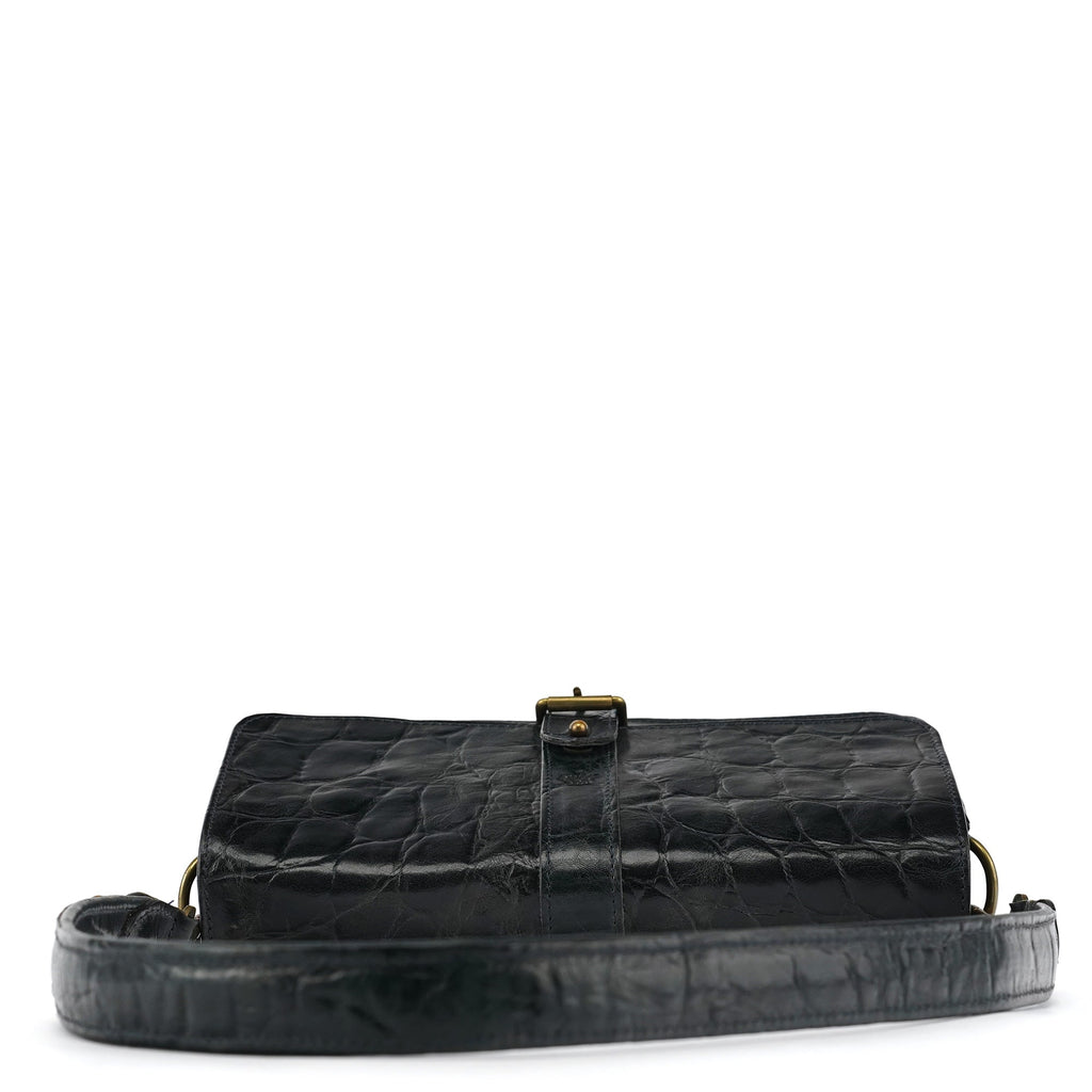 Navy Croc Embossed Leather Shoulder Bag