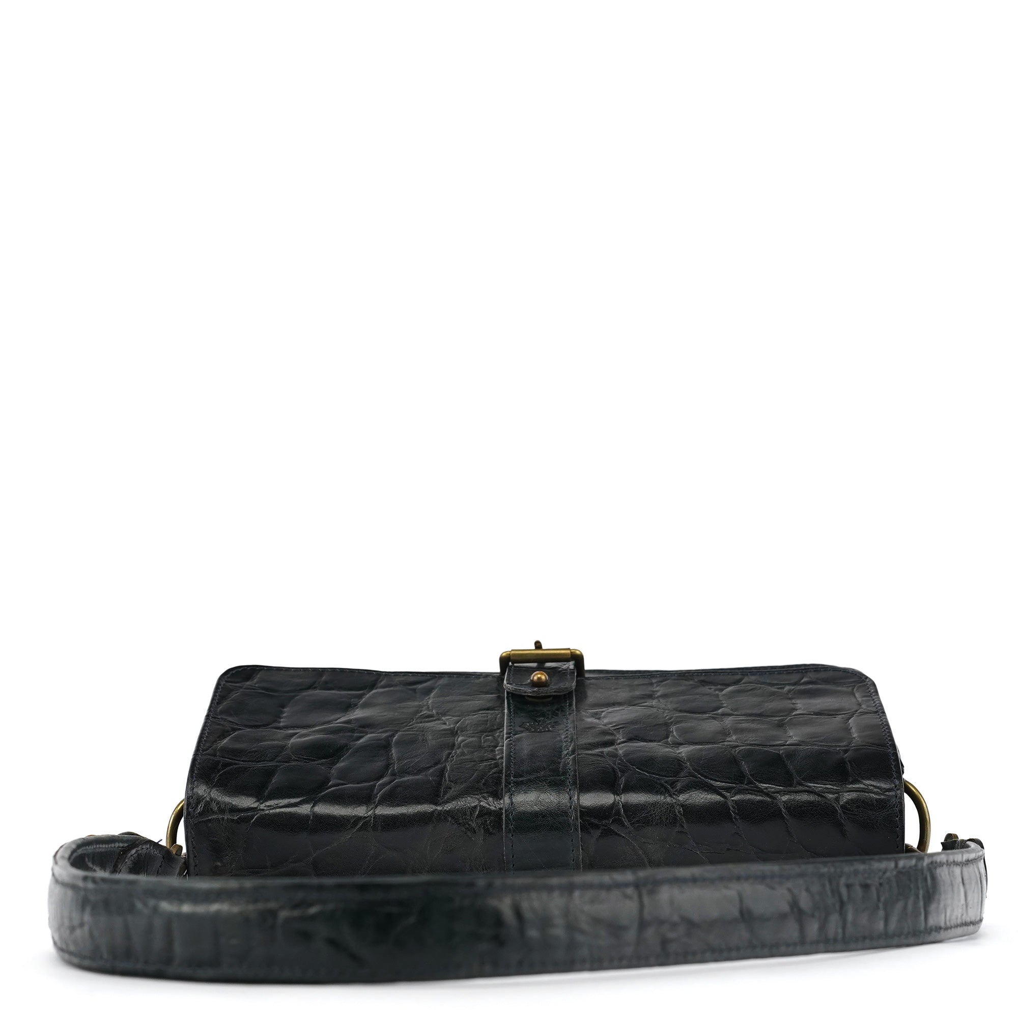 Navy Croc Embossed Leather Shoulder Bag