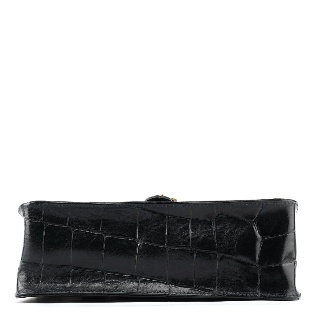 Navy Croc Embossed Leather Shoulder Bag