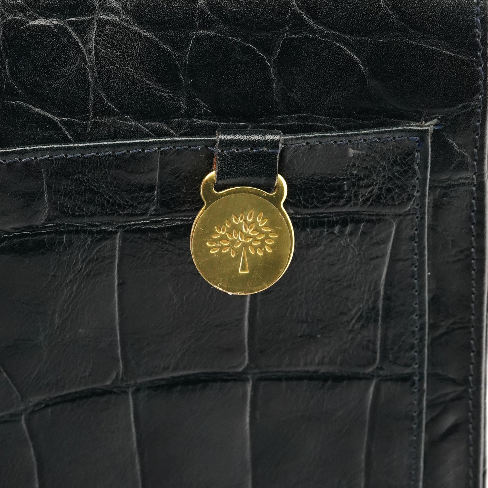 Navy Croc Embossed Leather Shoulder Bag