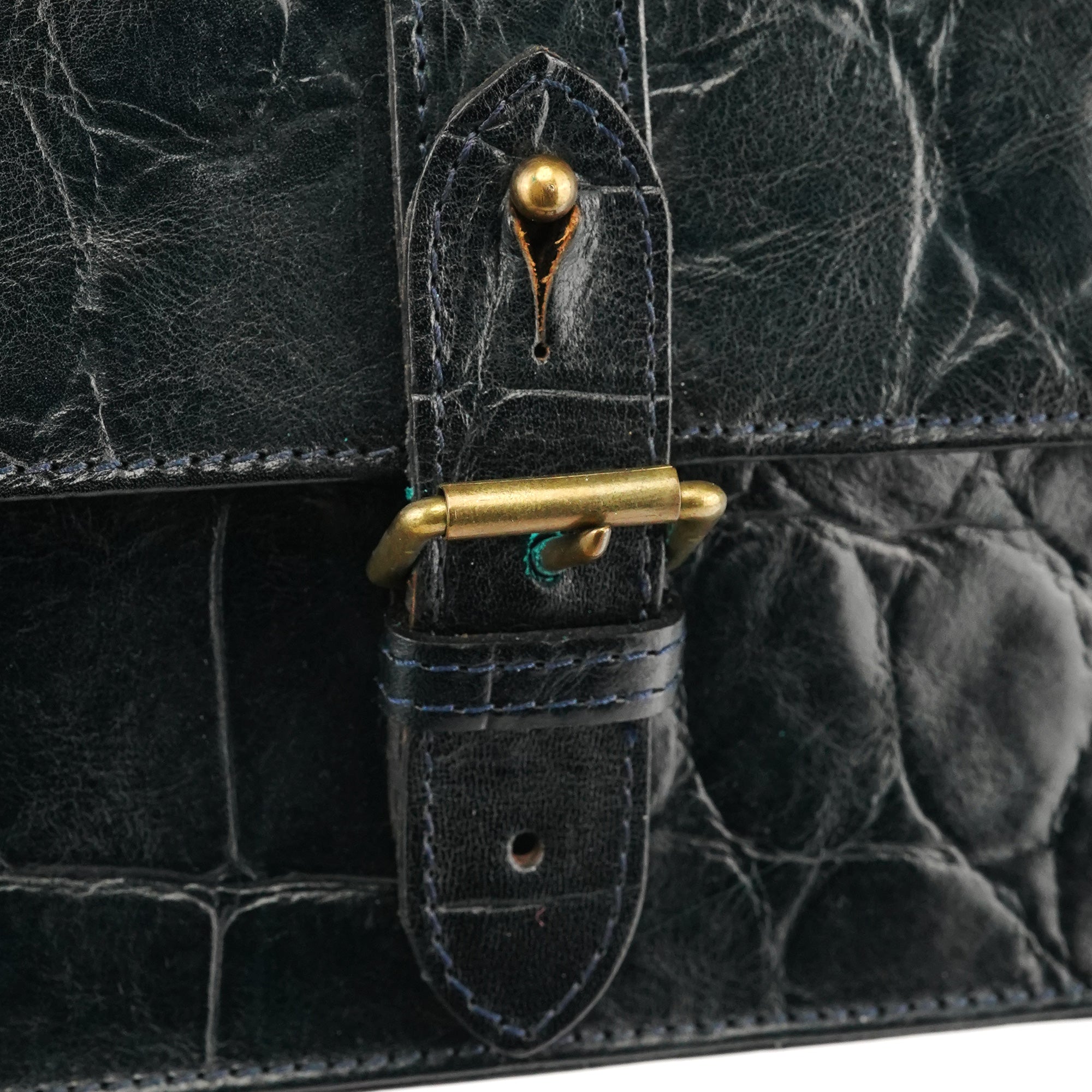 Navy Croc Embossed Leather Shoulder Bag