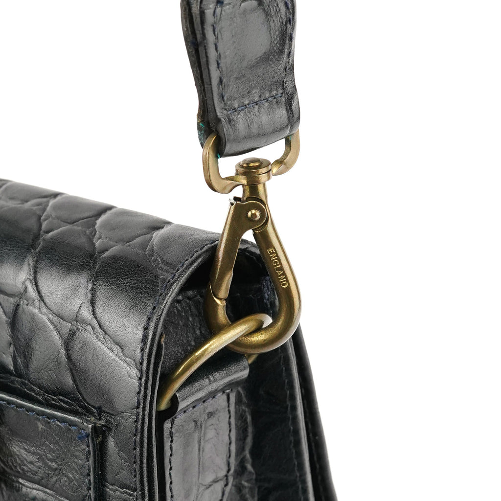 Navy Croc Embossed Leather Shoulder Bag