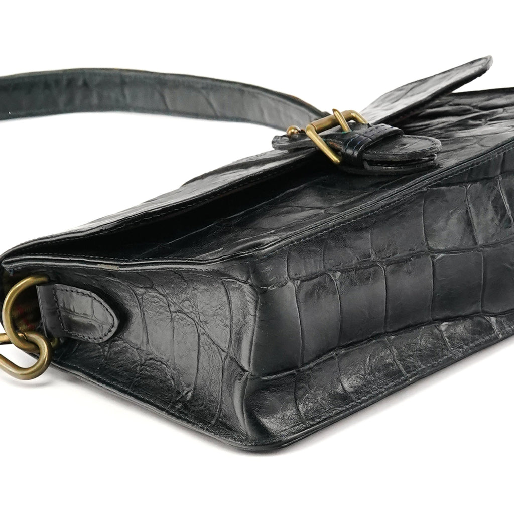 Navy Croc Embossed Leather Shoulder Bag