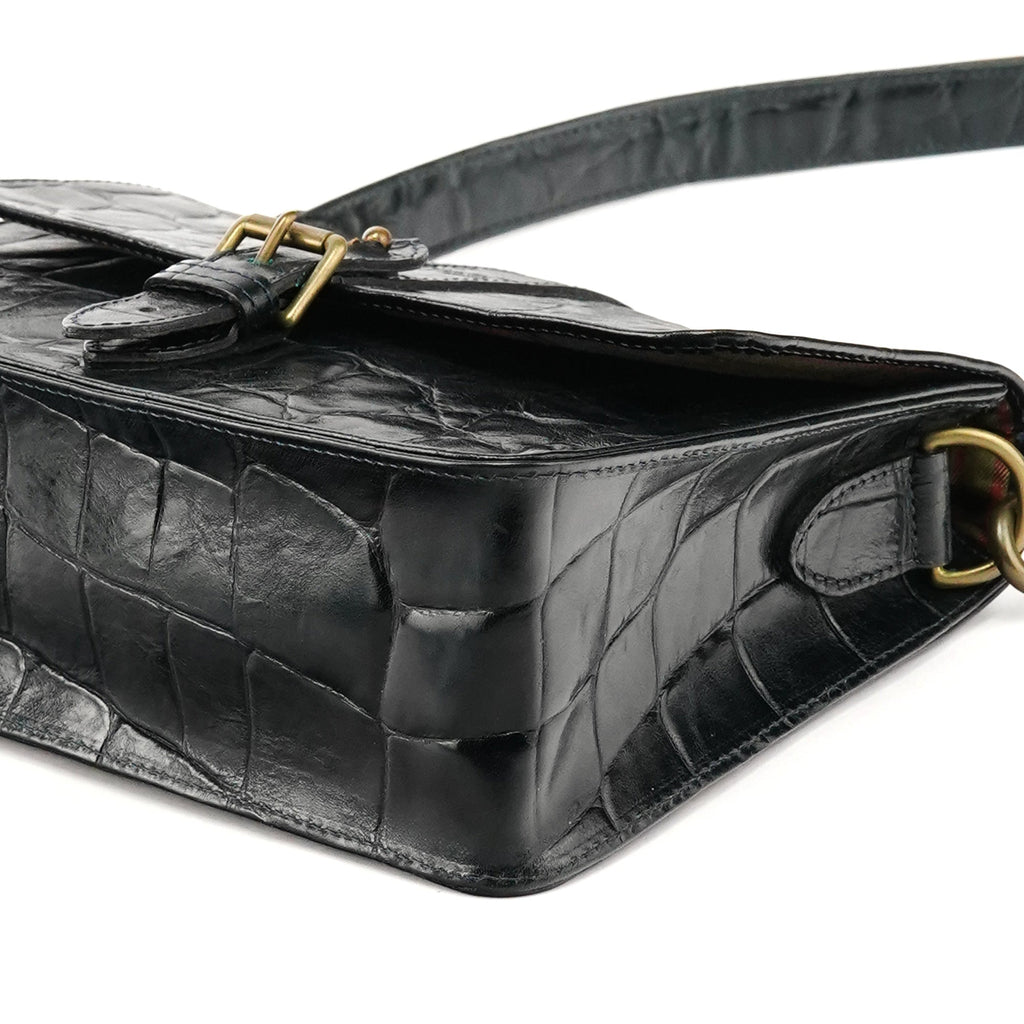 Navy Croc Embossed Leather Shoulder Bag