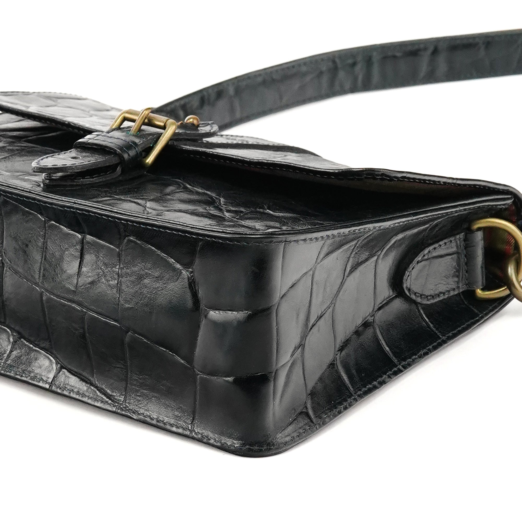 Navy Croc Embossed Leather Shoulder Bag