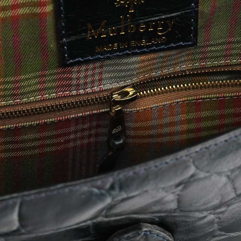 Navy Croc Embossed Leather Shoulder Bag