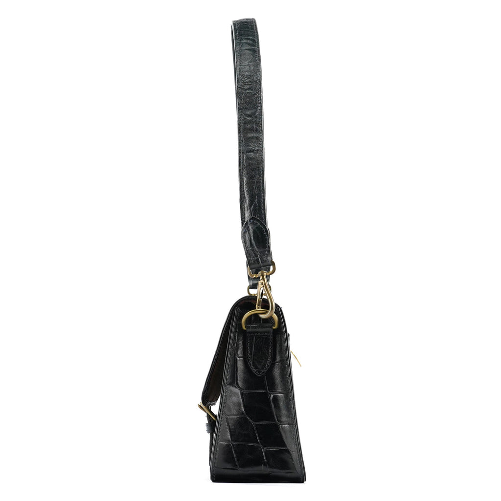 Navy Croc Embossed Leather Shoulder Bag