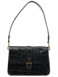 Navy Croc Embossed Leather Shoulder Bag