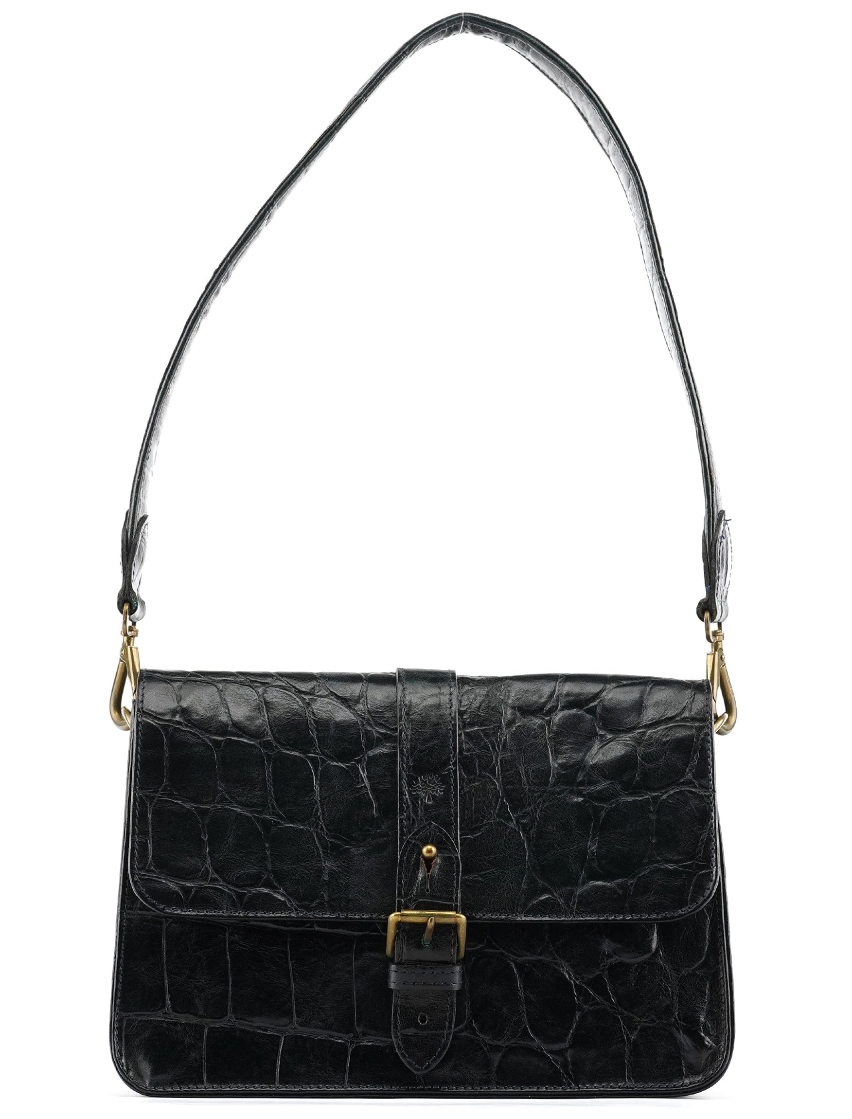 Navy Croc Embossed Leather Shoulder Bag