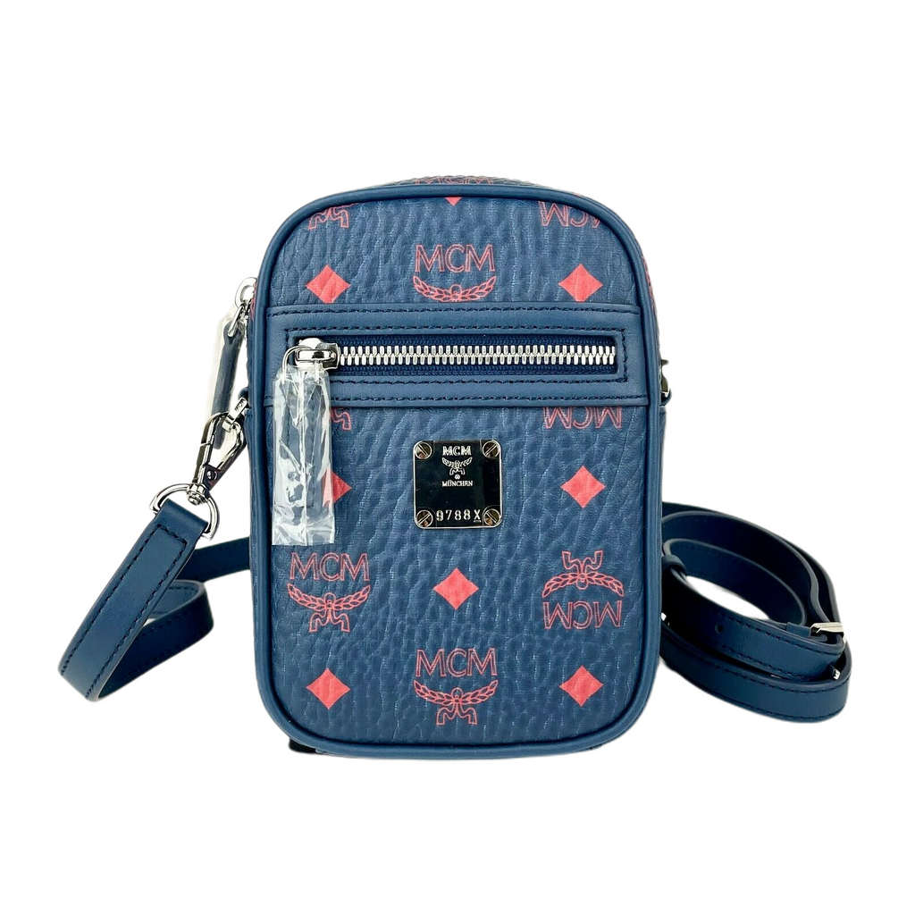 MCM Deep Blue Visetos Red Logo Small Crossbody Bag