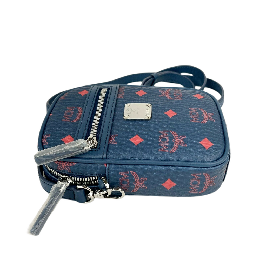 MCM Deep Blue Visetos Red Logo Small Crossbody Bag