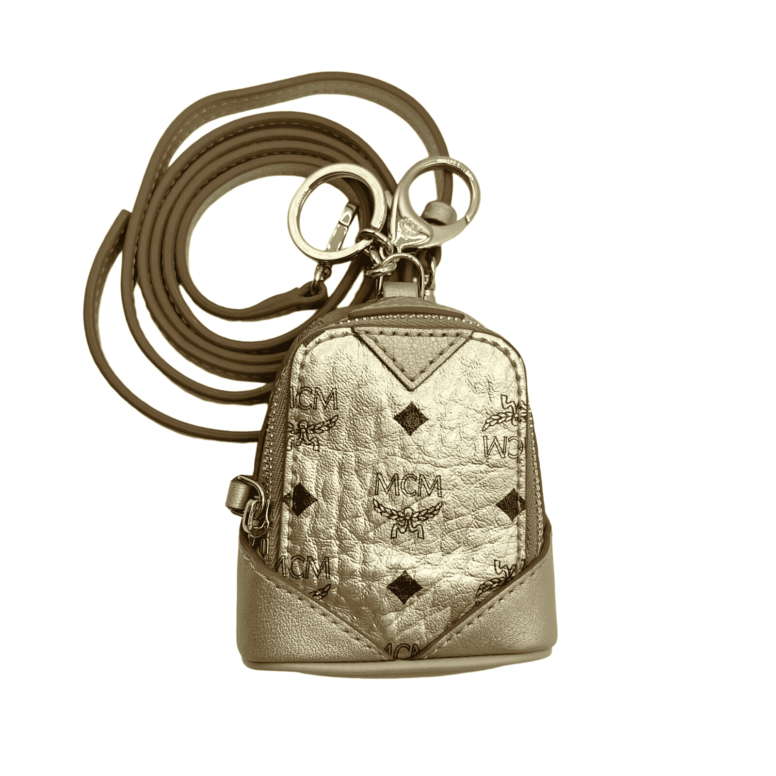 MCM Berlin Gold Visetos Charm Key Ring Mini Crossbody Bag