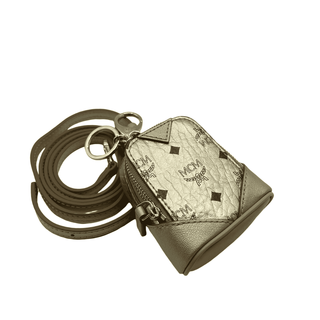 MCM Berlin Gold Visetos Charm Key Ring Mini Crossbody Bag