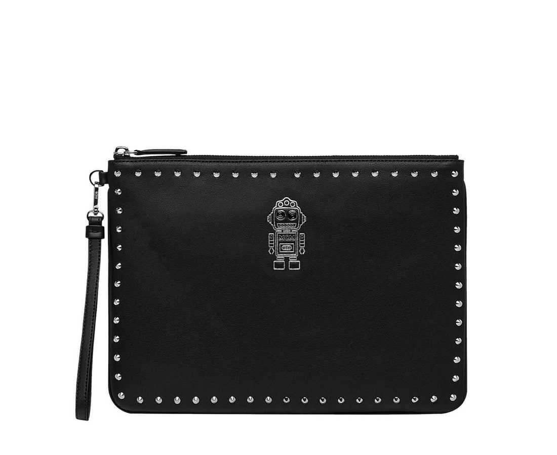 MCM Black Nappa Leather Studded Robert Wristlet Zip Pouch