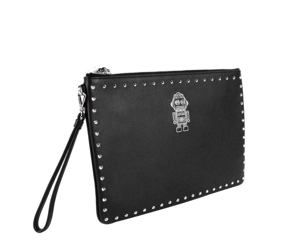 MCM Black Nappa Leather Studded Robert Wristlet Zip Pouch