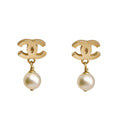 Chanel CC Faux Pearl Quilted Gold Tone Drop Earrings