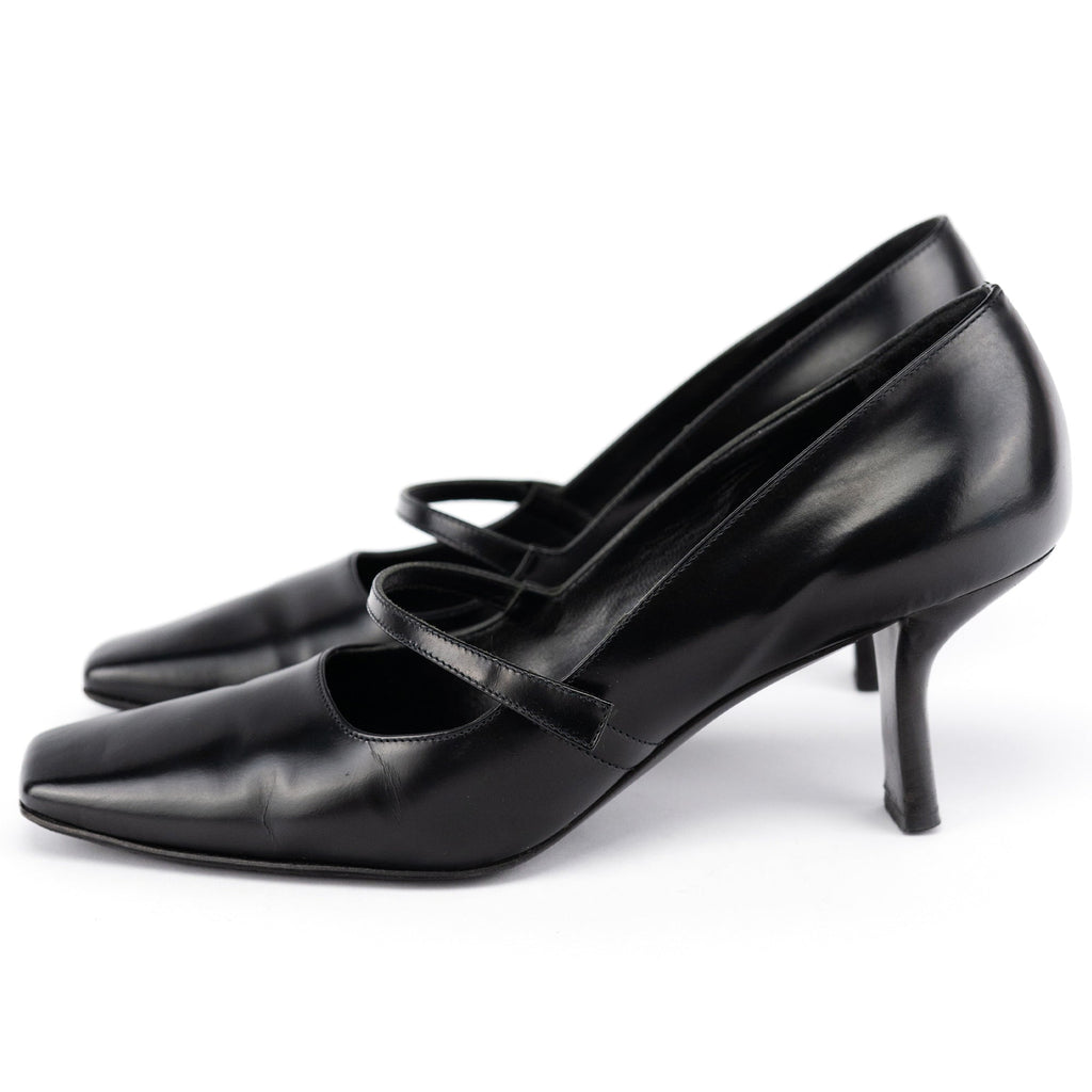 1998 Black Leather Square Toe Mary Jane Pumps
