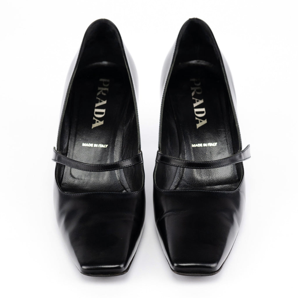 1998 Black Leather Square Toe Mary Jane Pumps
