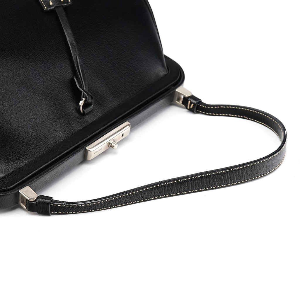 2000 Black Leather Keylock Clutch Top Handle Bag