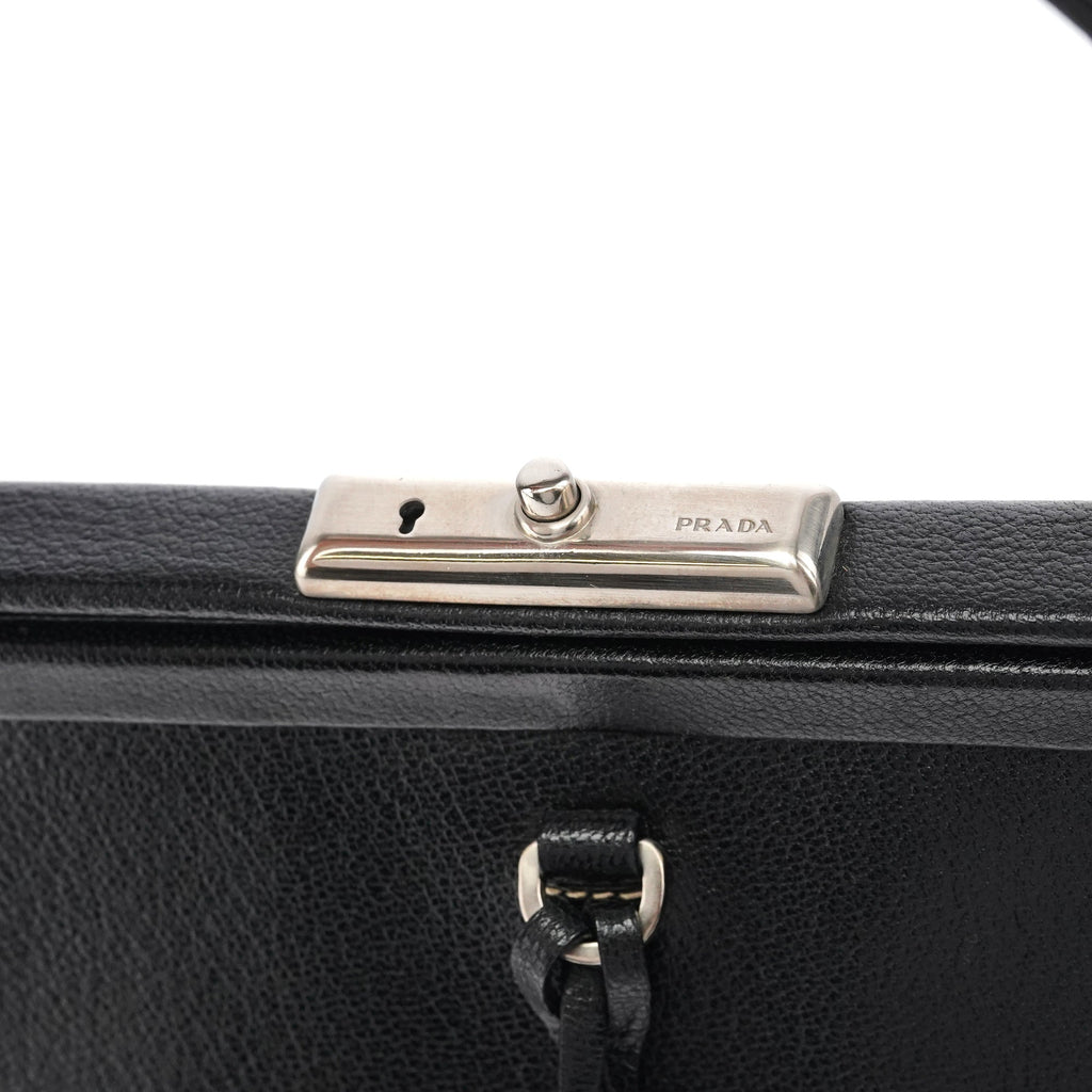 2000 Black Leather Keylock Clutch Top Handle Bag