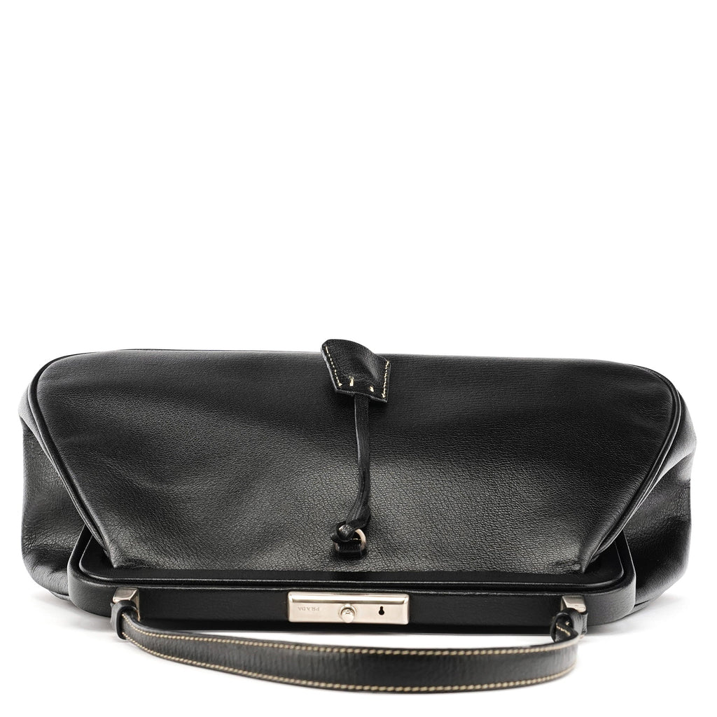 2000 Black Leather Keylock Clutch Top Handle Bag