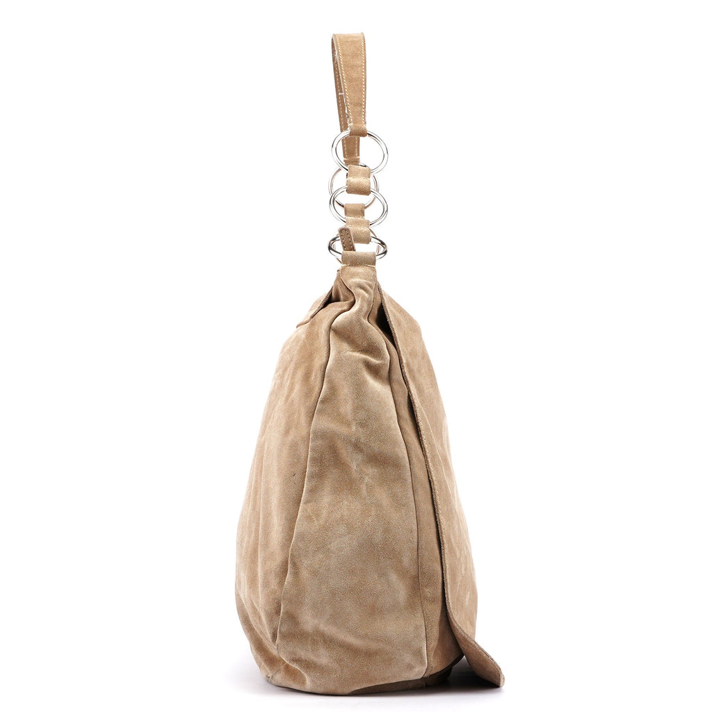 Beige Suede Large Flap Shoulder Bag