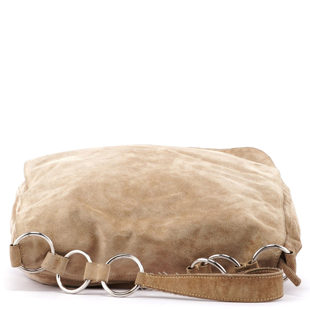 Beige Suede Large Flap Shoulder Bag