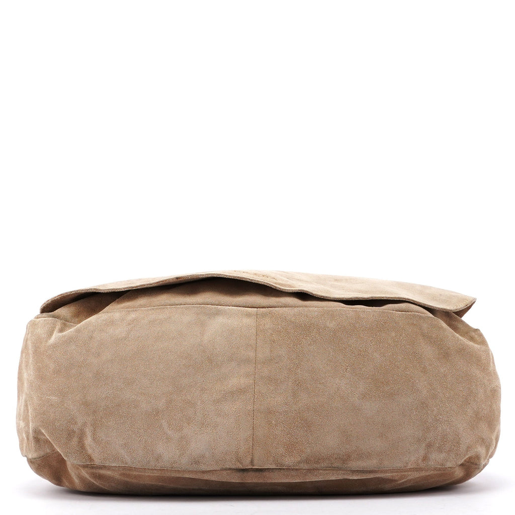 Beige Suede Large Flap Shoulder Bag