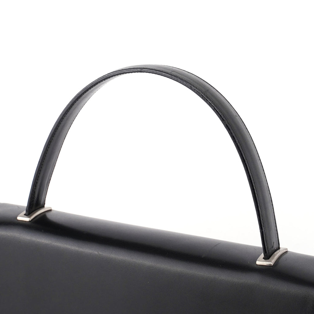 Black Calfskin Flap Top Handle Bag