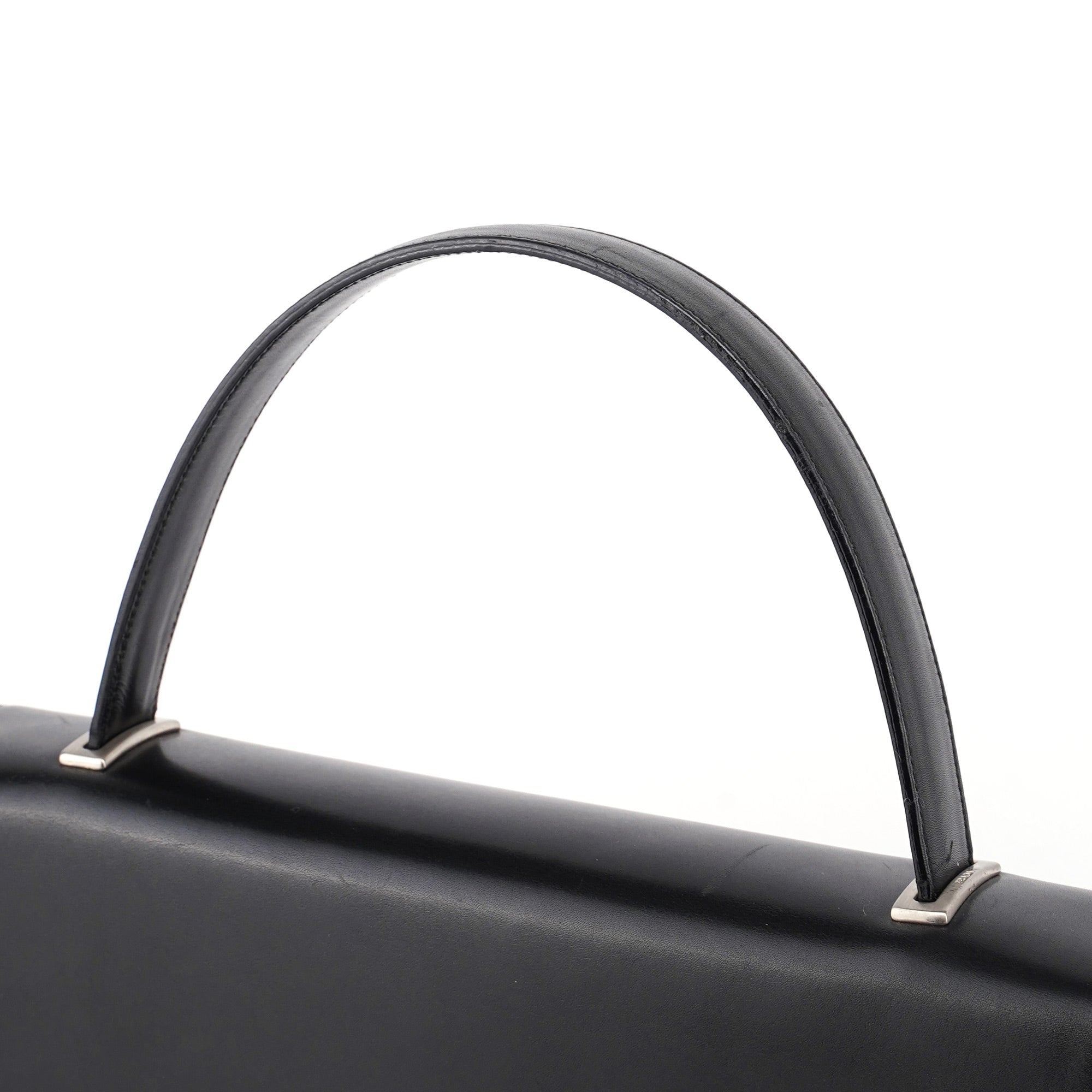 Black Calfskin Flap Top Handle Bag