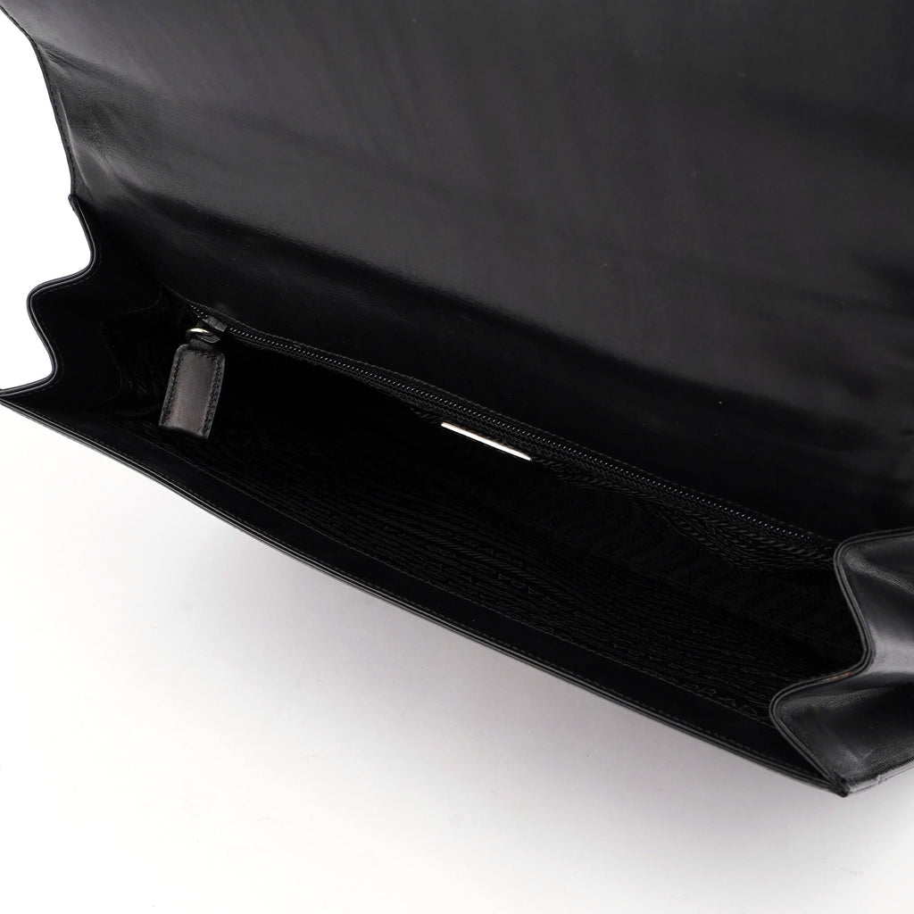 Black Calfskin Flap Top Handle Bag
