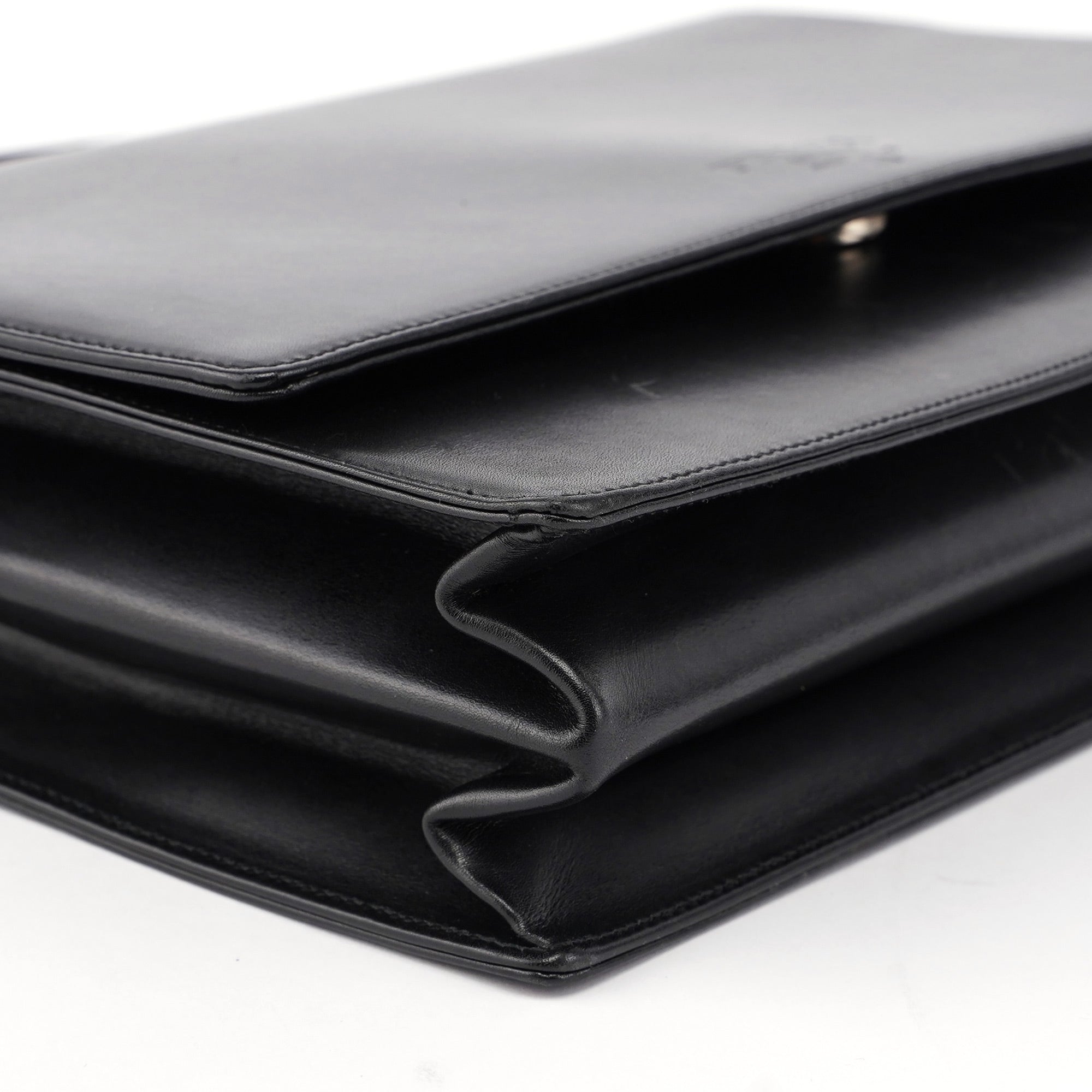 Black Calfskin Flap Top Handle Bag