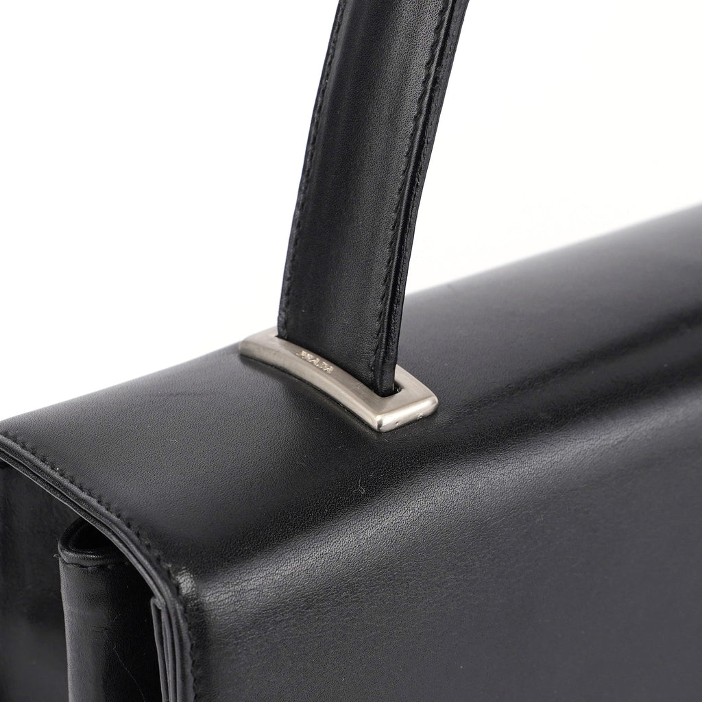 Black Calfskin Flap Top Handle Bag